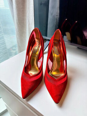 Ted Baker Emilinea Suede & Mesh Pointy Toe Pump Red Heels - Size 38 (US 7.5)